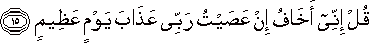 قُلْ إِنِّي أَخَافُ إِنْ عَصَيْتُ رَبِّي عَذَابَ يَوْمٍ عَظِيمٍ قُلْ إِنِّي أَخَافُ إِنْ عَصَيْتُ رَبِّي عَذَابَ يَوْمٍ عَظِيمٍ