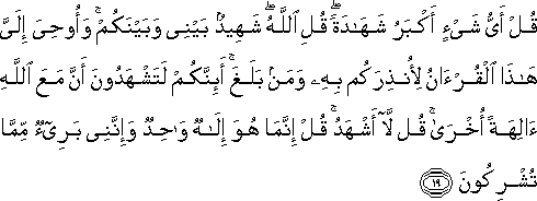 قُلْ أَيُّ شَيْءٍ أَكْبَرُ شَهَادَةً ۖ قُلِ اللَّهُ ۖ شَهِيدٌ بَيْنِي وَبَيْنَكُمْ ۚ وَأُوحِيَ إِلَيَّ هَٰذَا الْقُرْآنُ لِأُنْذِرَكُمْ بِهِ وَمَنْ بَلَغَ ۚ أَئِنَّكُمْ لَتَشْهَدُونَ أَنَّ مَعَ اللَّهِ آلِهَةً أُخْرَىٰ ۚ قُلْ لَا أَشْهَدُ ۚ قُلْ إِنَّمَا هُوَ إِلَٰهٌ وَاحِدٌ وَإِنَّنِي بَرِيءٌ مِمَّا تُشْرِكُونَ