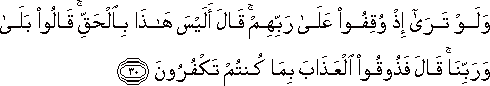 وَلَوْ تَرَىٰ إِذْ وُقِفُوا عَلَىٰ رَبِّهِمْ ۚ قَالَ أَلَيْسَ هَٰذَا بِالْحَقِّ ۚ قَالُوا بَلَىٰ وَرَبِّنَا ۚ قَالَ فَذُوقُوا الْعَذَابَ بِمَا كُنْتُمْ تَكْفُرُونَ وَلَوْ تَرَىٰ إِذْ وُقِفُوا عَلَىٰ رَبِّهِمْ ۚ قَالَ أَلَيْسَ هَٰذَا بِالْحَقِّ ۚ قَالُوا بَلَىٰ وَرَبِّنَا ۚ قَالَ فَذُوقُوا الْعَذَابَ بِمَا كُنْتُمْ تَكْفُرُونَ