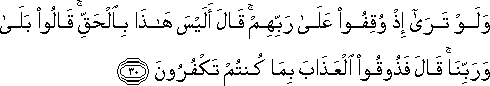 وَلَوْ تَرَىٰ إِذْ وُقِفُوا عَلَىٰ رَبِّهِمْ ۚ قَالَ أَلَيْسَ هَٰذَا بِالْحَقِّ ۚ قَالُوا بَلَىٰ وَرَبِّنَا ۚ قَالَ فَذُوقُوا الْعَذَابَ بِمَا كُنْتُمْ تَكْفُرُونَ