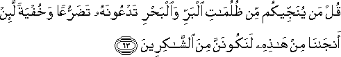 قُلْ مَنْ يُنَجِّيكُمْ مِنْ ظُلُمَاتِ الْبَرِّ وَالْبَحْرِ تَدْعُونَهُ تَضَرُّعًا وَخُفْيَةً لَئِنْ أَنْجَانَا مِنْ هَٰذِهِ لَنَكُونَنَّ مِنَ الشَّاكِرِينَ