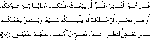 قُلْ هُوَ الْقَادِرُ عَلَىٰ أَنْ يَبْعَثَ عَلَيْكُمْ عَذَابًا مِنْ فَوْقِكُمْ أَوْ مِنْ تَحْتِ أَرْجُلِكُمْ أَوْ يَلْبِسَكُمْ شِيَعًا وَيُذِيقَ بَعْضَكُمْ بَأْسَ بَعْضٍ ۗ انْظُرْ كَيْفَ نُصَرِّفُ الْآيَاتِ لَعَلَّهُمْ يَفْقَهُونَ