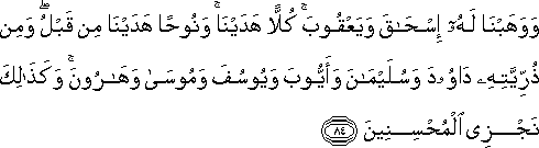 وَوَهَبْنَا لَهُ إِسْحَاقَ وَيَعْقُوبَ ۚ كُلًّا هَدَيْنَا ۚ وَنُوحًا هَدَيْنَا مِنْ قَبْلُ ۖ وَمِنْ ذُرِّيَّتِهِ دَاوُودَ وَسُلَيْمَانَ وَأَيُّوبَ وَيُوسُفَ وَمُوسَىٰ وَهَارُونَ ۚ وَكَذَٰلِكَ نَجْزِي الْمُحْسِنِينَ