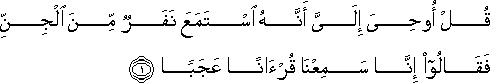 قُلْ أُوحِيَ إِلَيَّ أَنَّهُ اسْتَمَعَ نَفَرٌ مِنَ الْجِنِّ فَقَالُوا إِنَّا سَمِعْنَا قُرْآنًا عَجَبًا