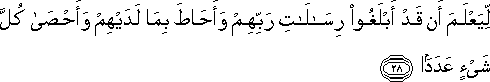 لِيَعْلَمَ أَنْ قَدْ أَبْلَغُوا رِسَالَاتِ رَبِّهِمْ وَأَحَاطَ بِمَا لَدَيْهِمْ وَأَحْصَىٰ كُلَّ شَيْءٍ عَدَدًا