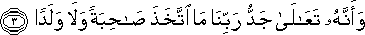 وَأَنَّهُ تَعَالَىٰ جَدُّ رَبِّنَا مَا اتَّخَذَ صَاحِبَةً وَلَا وَلَدًا