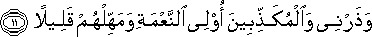 وَذَرْنِي وَالْمُكَذِّبِينَ أُولِي النَّعْمَةِ وَمَهِّلْهُمْ قَلِيلًا