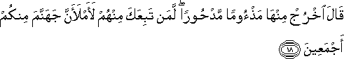 قَالَ اخْرُجْ مِنْهَا مَذْءُومًا مَدْحُورًا ۖ لَمَنْ تَبِعَكَ مِنْهُمْ لَأَمْلَأَنَّ جَهَنَّمَ مِنْكُمْ أَجْمَعِينَ