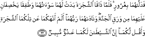 فَدَلَّاهُمَا بِغُرُورٍ ۚ فَلَمَّا ذَاقَا الشَّجَرَةَ بَدَتْ لَهُمَا سَوْآتُهُمَا وَطَفِقَا يَخْصِفَانِ عَلَيْهِمَا مِنْ وَرَقِ الْجَنَّةِ ۖ وَنَادَاهُمَا رَبُّهُمَا أَلَمْ أَنْهَكُمَا عَنْ تِلْكُمَا الشَّجَرَةِ وَأَقُلْ لَكُمَا إِنَّ الشَّيْطَانَ لَكُمَا عَدُوٌّ مُبِينٌ