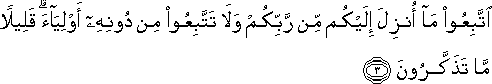 اتَّبِعُوا مَا أُنْزِلَ إِلَيْكُمْ مِنْ رَبِّكُمْ وَلَا تَتَّبِعُوا مِنْ دُونِهِ أَوْلِيَاءَ ۗ قَلِيلًا مَا تَذَكَّرُونَ