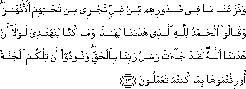 وَنَزَعْنَا مَا فِي صُدُورِهِمْ مِنْ غِلٍّ تَجْرِي مِنْ تَحْتِهِمُ الْأَنْهَارُ ۖ وَقَالُوا الْحَمْدُ لِلَّهِ الَّذِي هَدَانَا لِهَٰذَا وَمَا كُنَّا لِنَهْتَدِيَ لَوْلَا أَنْ هَدَانَا اللَّهُ ۖ لَقَدْ جَاءَتْ رُسُلُ رَبِّنَا بِالْحَقِّ ۖ وَنُودُوا أَنْ تِلْكُمُ الْجَنَّةُ أُورِثْتُمُوهَا بِمَا كُنْتُمْ تَعْمَلُونَ