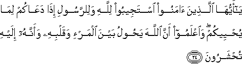 يَا أَيُّهَا الَّذِينَ آمَنُوا اسْتَجِيبُوا لِلَّهِ وَلِلرَّسُولِ إِذَا دَعَاكُمْ لِمَا يُحْيِيكُمْ ۖ وَاعْلَمُوا أَنَّ اللَّهَ يَحُولُ بَيْنَ الْمَرْءِ وَقَلْبِهِ وَأَنَّهُ إِلَيْهِ تُحْشَرُونَ