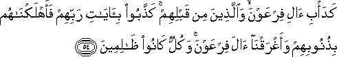 كَدَأْبِ آلِ فِرْعَوْنَ ۙ وَالَّذِينَ مِنْ قَبْلِهِمْ ۚ كَذَّبُوا بِآيَاتِ رَبِّهِمْ فَأَهْلَكْنَاهُمْ بِذُنُوبِهِمْ وَأَغْرَقْنَا آلَ فِرْعَوْنَ ۚ وَكُلٌّ كَانُوا ظَالِمِينَ