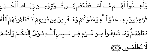 وَأَعِدُّوا لَهُمْ مَا اسْتَطَعْتُمْ مِنْ قُوَّةٍ وَمِنْ رِبَاطِ الْخَيْلِ تُرْهِبُونَ بِهِ عَدُوَّ اللَّهِ وَعَدُوَّكُمْ وَآخَرِينَ مِنْ دُونِهِمْ لَا تَعْلَمُونَهُمُ اللَّهُ يَعْلَمُهُمْ ۚ وَمَا تُنْفِقُوا مِنْ شَيْءٍ فِي سَبِيلِ اللَّهِ يُوَفَّ إِلَيْكُمْ وَأَنْتُمْ لَا تُظْلَمُونَ