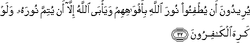 يُرِيدُونَ أَنْ يُطْفِئُوا نُورَ اللَّهِ بِأَفْوَاهِهِمْ وَيَأْبَى اللَّهُ إِلَّا أَنْ يُتِمَّ نُورَهُ وَلَوْ كَرِهَ الْكَافِرُونَ