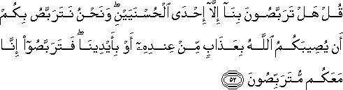 قُلْ هَلْ تَرَبَّصُونَ بِنَا إِلَّا إِحْدَى الْحُسْنَيَيْنِ ۖ وَنَحْنُ نَتَرَبَّصُ بِكُمْ أَنْ يُصِيبَكُمُ اللَّهُ بِعَذَابٍ مِنْ عِنْدِهِ أَوْ بِأَيْدِينَا ۖ فَتَرَبَّصُوا إِنَّا مَعَكُمْ مُتَرَبِّصُونَ