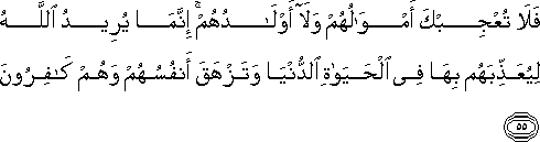 فَلَا تُعْجِبْكَ أَمْوَالُهُمْ وَلَا أَوْلَادُهُمْ ۚ إِنَّمَا يُرِيدُ اللَّهُ لِيُعَذِّبَهُمْ بِهَا فِي الْحَيَاةِ الدُّنْيَا وَتَزْهَقَ أَنْفُسُهُمْ وَهُمْ كَافِرُونَ