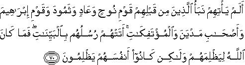 أَلَمْ يَأْتِهِمْ نَبَأُ الَّذِينَ مِنْ قَبْلِهِمْ قَوْمِ نُوحٍ وَعَادٍ وَثَمُودَ وَقَوْمِ إِبْرَاهِيمَ وَأَصْحَابِ مَدْيَنَ وَالْمُؤْتَفِكَاتِ ۚ أَتَتْهُمْ رُسُلُهُمْ بِالْبَيِّنَاتِ ۖ فَمَا كَانَ اللَّهُ لِيَظْلِمَهُمْ وَلَٰكِنْ كَانُوا أَنْفُسَهُمْ يَظْلِمُونَ