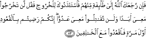 فَإِنْ رَجَعَكَ اللَّهُ إِلَىٰ طَائِفَةٍ مِنْهُمْ فَاسْتَأْذَنُوكَ لِلْخُرُوجِ فَقُلْ لَنْ تَخْرُجُوا مَعِيَ أَبَدًا وَلَنْ تُقَاتِلُوا مَعِيَ عَدُوًّا ۖ إِنَّكُمْ رَضِيتُمْ بِالْقُعُودِ أَوَّلَ مَرَّةٍ فَاقْعُدُوا مَعَ الْخَالِفِينَ