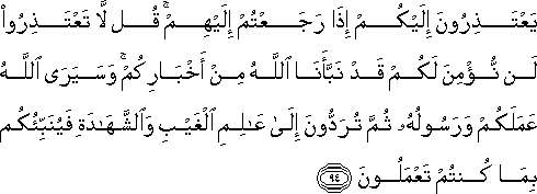 يَعْتَذِرُونَ إِلَيْكُمْ إِذَا رَجَعْتُمْ إِلَيْهِمْ ۚ قُلْ لَا تَعْتَذِرُوا لَنْ نُؤْمِنَ لَكُمْ قَدْ نَبَّأَنَا اللَّهُ مِنْ أَخْبَارِكُمْ ۚ وَسَيَرَى اللَّهُ عَمَلَكُمْ وَرَسُولُهُ ثُمَّ تُرَدُّونَ إِلَىٰ عَالِمِ الْغَيْبِ وَالشَّهَادَةِ فَيُنَبِّئُكُمْ بِمَا كُنْتُمْ تَعْمَلُونَ